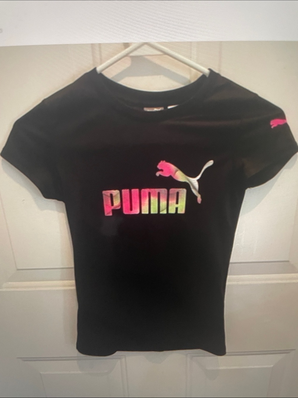 Kids Puma Black Short-Sleeve Tee with Pink-to-Yellow Gradient Logo